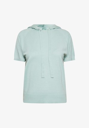 Világos menta zöld, rövid ujjú kapucnis pulcsi, puha anyagból készült, amelynek a nyakán zsinór található, és egyenes szegélye van.