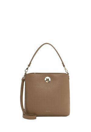 Brown textured leather handbag with a curved top handle, detachable shoulder strap, and round gold-tone clasp on front.