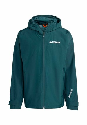 Vandtæt teal jakke med hætte, lynlåslukning, justerbare manchetter og TERREX-logo; har GORE-TEX-detaljer på ærmet.