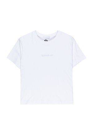 T-shirt en coton blanc à manches courtes, avec un col rond et un subtil détail de texte à l'avant. Texture lisse, coupe standard.