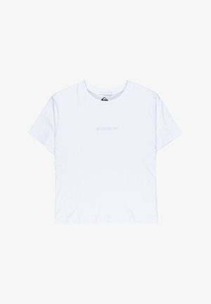 T-shirt en coton blanc à manches courtes, avec un col rond et un subtil détail de texte à l'avant. Texture lisse, coupe standard.