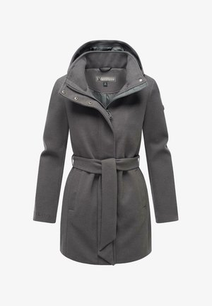 Mørkegrå frakke med bælte i taljen, hætte og lynlåslukning foran. Har blød tekstur, to sidelommer og trykknaplukninger på kraven.