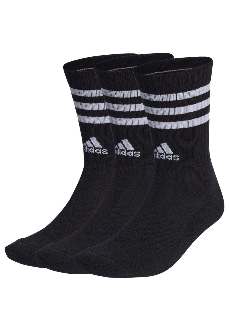 Calcetines deportivos negros, mezcla de algodón, con tres rayas blancas en la parte superior y un logo. Textura suave, de longitud crew, adecuados para deportes.