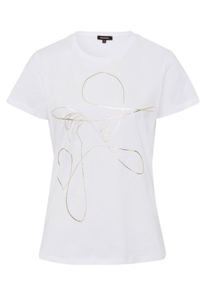 Biała koszulka z krótkim rękawem z złotym wzorem w stylu continuous line art przedstawiającym osobę noszącą kapelusz o szerokim rondzie z przodu.