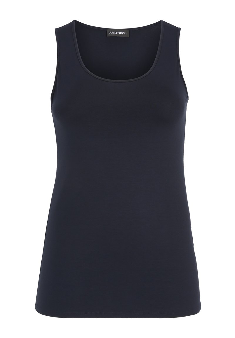 Navy blue sleeveless tank top with scoop neckline, slim fit, and Doris Streich brand label inside collar.