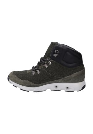 Mid-top hiking shoe in dark green felt and grey suede, with black leather accents, gray laces, and a cushioned white sole with traction.