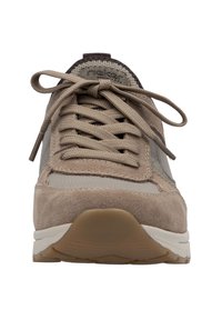 Beige suede and mesh sneaker with round toe, flat laces, padded collar, and contrasting rubber outsole featuring a textured pattern.