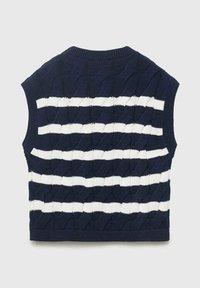 Mornarsko modra pletena brezrokavnik s belimi vodoravnimi črtami in kabelsko teksturo. Ima riban okrogel izrez in rob.