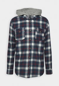 Marineblaues, weißes und rotes kariertes Hemd zum Knöpfen mit zwei Brusttaschen und angenähter grauer Kapuze.