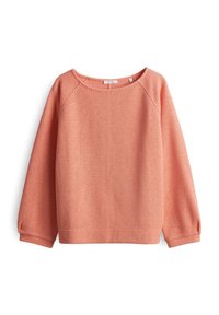 Maglione color pesca con un tessuto testurizzato, scollatura rotonda e maniche lunghe con polsini elasticizzati. Presenta maniche raglan e una vestibilità comoda.
