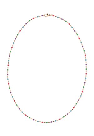 Zarte Halskette aus Goldkette mit gleichmäßig verteilten kleinen Perlen in Rot, Grün, Blau und Lila, ausgestattet mit einem goldenen Verschluss.