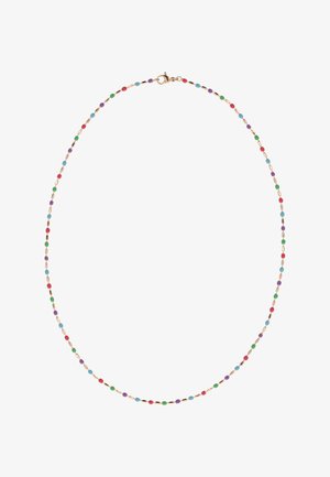 Zarte Halskette aus Goldkette mit gleichmäßig verteilten kleinen Perlen in Rot, Grün, Blau und Lila, ausgestattet mit einem goldenen Verschluss.