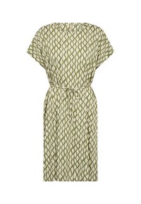Grün- und cremefarbenes gemustertes Kleid mit kurzen Ärmeln, Rundhalsausschnitt und tailliertem Gürtel, aus leichtem Stoff gefertigt.