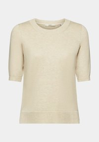 Lys beige kortærmet sweater med rund halsudskæring, let struktureret stof og lige kant. Blødt og glat materiale.