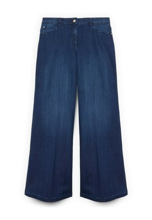 Vide cowboybukser i mørkeblå med en glat struktur, design med fem lommer og knaplukning i taljen.