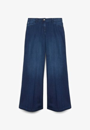 Spodnie z denimu o szerokich nogawkach w ciemnym niebieskim kolorze, charakteryzujące się gładką fakturą, pięciokieszeniowym krojem oraz zapięciem na guzik w pasie.