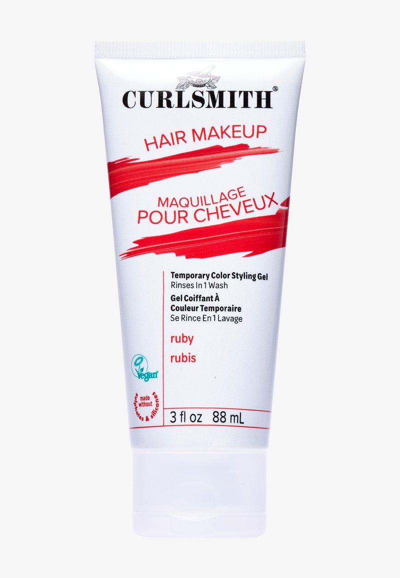Gel coiffant temporaire Curlsmith Hair Makeup en rouge rubis, tube de 88 ml, vegan, se rince en un lavage, sans sulfates ni silicones.