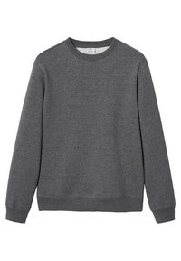 Grå sweatshirt med rund hals, lange ærmer, ribbede manchetter og kant. Stoffet virker blødt med en glat tekstur og uden synlige mønstre.