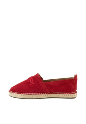 Red suede espadrille shoe with stitched jute sole and embossed lettering on upper, viewed from the side on a white background.