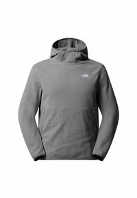 Szary polarowy sweter z wysokim kołnierzem, półzamkiem z przodu i długimi rękawami. Posiada małe logo na piersi i miękką teksturę.