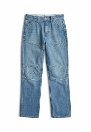 Jasnoniebieskie jeansy z denimu z wzmocnionymi łatami na kolanach, skośnymi przednimi kieszeniami, szlufkami na pasek i zapięciem na guzik.