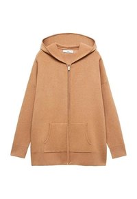 Sudadera con capucha y cremallera en marrón claro, hecha de una tela suave. Cuenta con dos bolsillos frontales y puños y dobladillo acanalados. Corte relajado, textura acogedora.