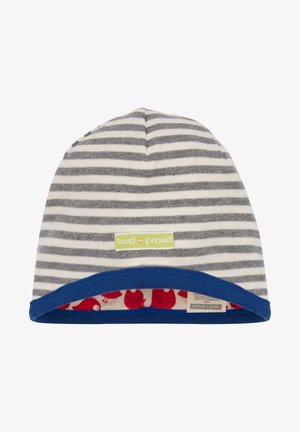 Gestreepte grijze en witte muts met een blauwe boord, voorzien van een rode voering met kleine vogelpatronen en een groene "loud + proud" label.