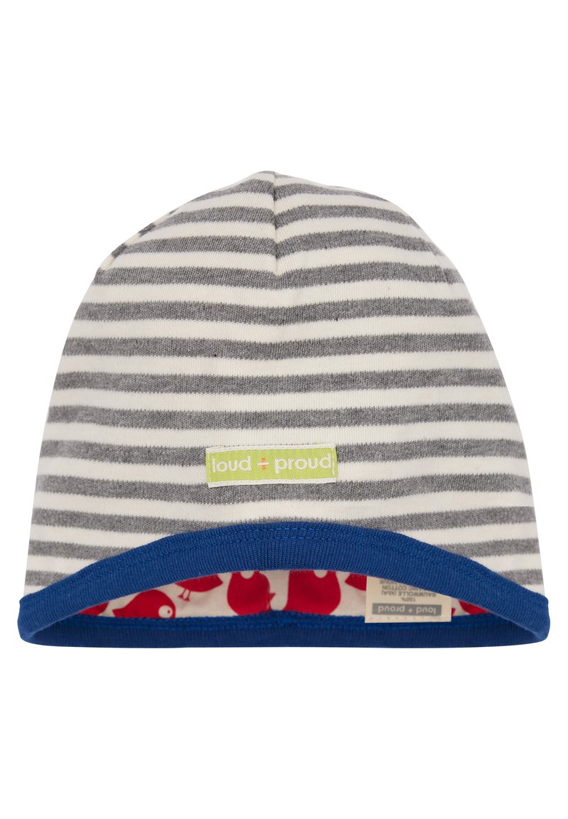 Striped gray and white beanie with a blue cuff, featuring a red lining with small bird patterns and a green "loud + proud" label.