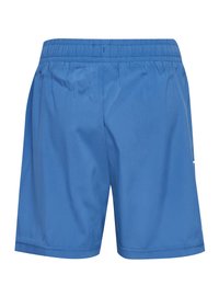 Blå atletiska shorts med resårmidja, slät yta och en enkel design. Inga tydliga mönster eller hårdvarudetaljer synliga.