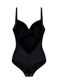Body nero con coppe modellate e spalline regolabili. Tessuto liscio con un design elegante. Presenta un'apertura a forma di V e una chiusura a gancio nella parte inferiore.
