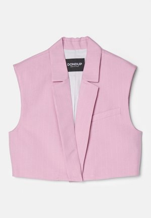 Pink cropped vest with wide lapels and a single chest pocket. Made from smooth fabric featuring subtle pinstripes, lacks sleeves.