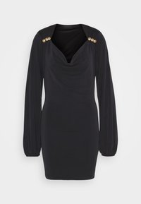 Abito nero a maniche lunghe con scollatura a cowl, caratterizzato da dettagli in bottone dorato sulle spalle, realizzato in tessuto morbido, design aderente e taglio all'anca.