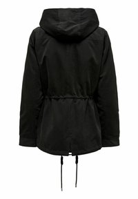 Černá kapucí bunda se staženým pasem, vyrobená z hladké tkaniny, s šňůrkou na spodním lemu a volným střihem.