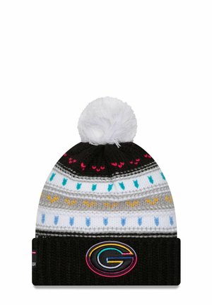 Berretto lavorato a maglia in nero, bianco e grigio con motivi geometrici colorati; con pompon bianco in cima; presenta un logo circolare sul polsino.