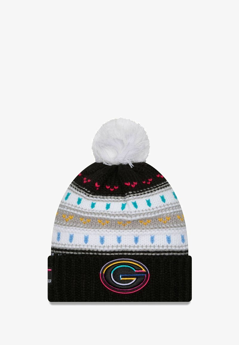 Berretto lavorato a maglia in nero, bianco e grigio con motivi geometrici colorati; con pompon bianco in cima; presenta un logo circolare sul polsino.