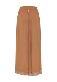 Brune, vidde benbukser lavet af letvægtstof, med elastisk talje og gennemsigtig kantdetalje nederst.