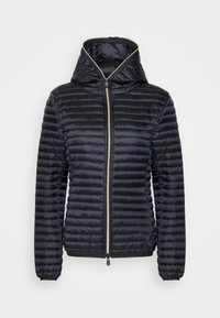 Black, quilted jacket with a hood, featuring a front zipper and elastic cuffs. Smooth, shiny fabric with subtle sheen and lightweight design.