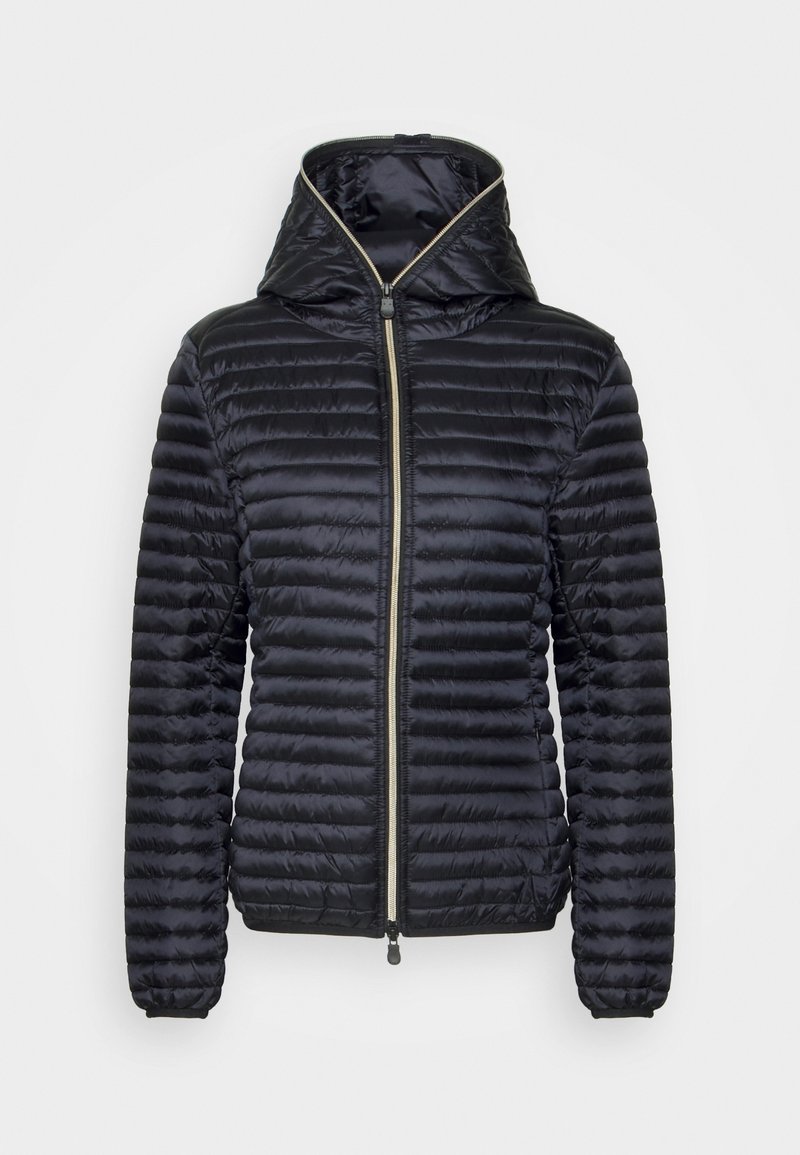 Black, quilted jacket with a hood, featuring a front zipper and elastic cuffs. Smooth, shiny fabric with subtle sheen and lightweight design.