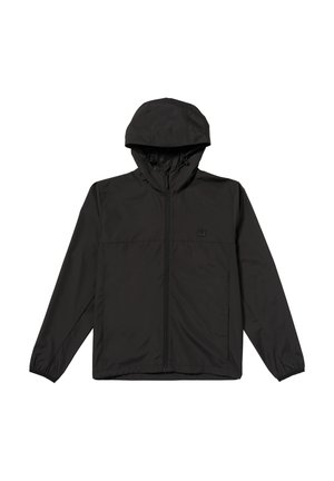 Schwarze Windjacke mit Kapuze, durchgehendem Frontreißverschluss, elastischen Bündchen und einem Logo auf der Brust. Leichtes, glattes Material in einfarbiger Ausführung.