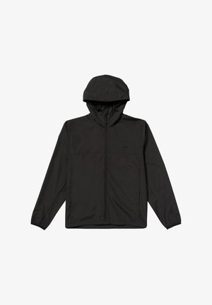 Schwarze Windjacke mit Kapuze, durchgehendem Frontreißverschluss, elastischen Bündchen und einem Logo auf der Brust. Leichtes, glattes Material in einfarbiger Ausführung.