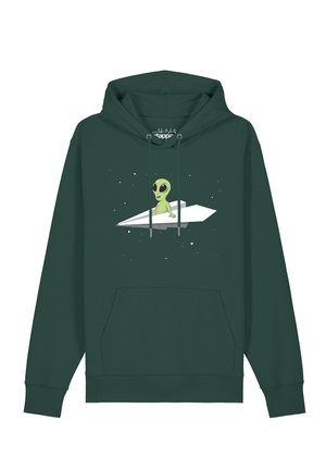 Dark green hoodie with front pocket, featuring a graphic of a green alien riding a white paper airplane in space.