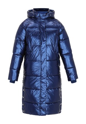 Cămașă puffer bleumarin, cu o textură strălucitoare, până la genunchi, cu glugă, capse la tiv și manșete cu nervuri.