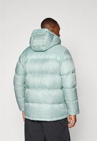 Light blue puffer jacket featuring a hood, quilted design with visible sections, smooth texture, and a straight cut at the hem.