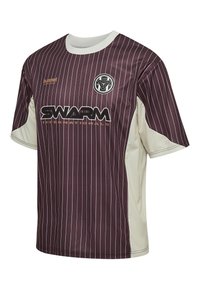 Kortærmet lilla fodboldtrøje med lodrette hvide striber, cremefarvede sidepaneler og logodetalje. Har rund hals og sportsligt design.