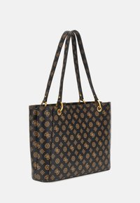 Borsa a tracolla nera con dettagli in tono oro, caratterizzata da un motivo ripetuto di loghi e simboli. Realizzata in materiale sintetico testurizzato.