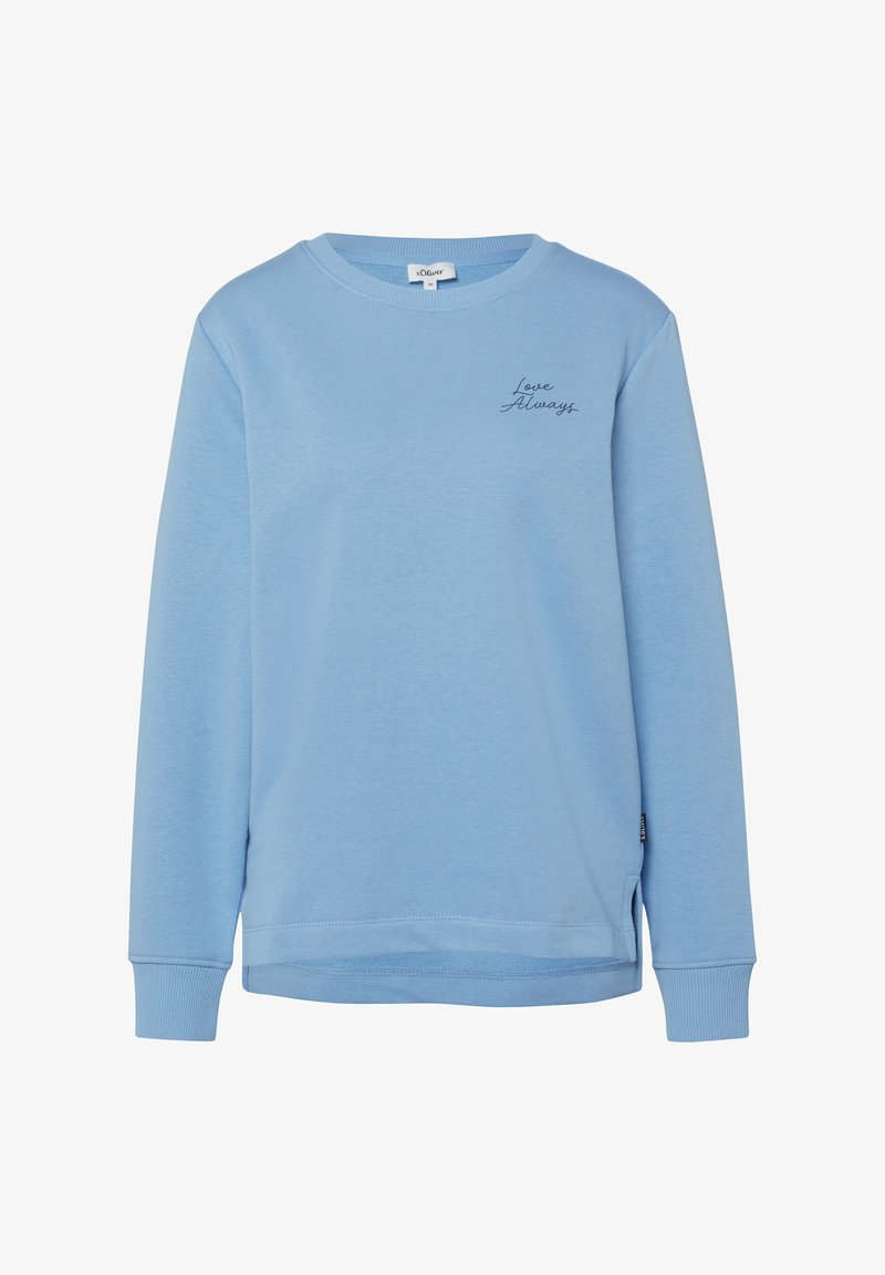 Světle modrá mikina s dlouhým rukávem, kulatým výstřihem a malým vyšitým nápisem "Love Always" na levé horní části hrudi.