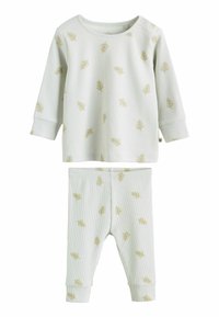 Helles grünes geripptes Strick-Pyjama-Set mit einem langärmligen Oberteil mit Blattmustern und passenden Hosen. Weicher Stoff mit sanften Bündchen.