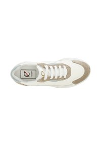 Vit sneaker med beige och ljusblå mockadetaljer, rund tå, platta vita skosnören och vadderad krage. Har en märkesskylt i inredningen.