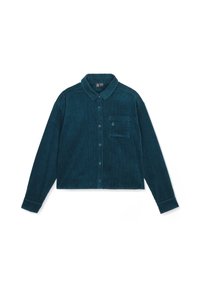 Teal kordflorskjorta med knapp-up framsidan, spetsig krage, l�ånga ärmar och en bröstficka. Vertikala ribbade texturdetaill.