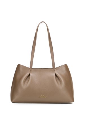 Borsa a mano in pelle marrone con due manici lunghi e il logo dorato Wittchen al centro davanti su sfondo bianco.